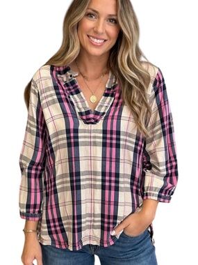 Crown & Ivy XL Pink Plaid Ruffle Neck Peasant Top NWOT
BB